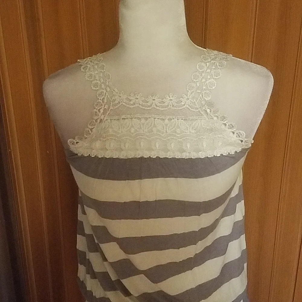 BACCI GREY STRIPED LACE TOP - Picture 2 of 6